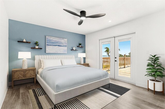 380 Colony Point Rd S, Saint Petersburg, FL 33705 - bedroom with access to outside, wood finished floors, french doors, recessed lighting, and a ceiling fan
