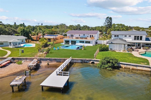 380 Colony Point Rd S, Saint Petersburg, FL 33705 - dock area with a water view, a patio area, and a fenced backyard