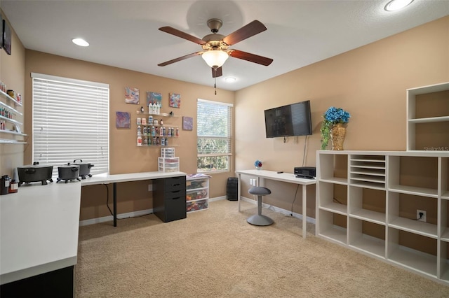 8607 Tidal Breeze Dr, Riverview, FL 33569 - carpeted home office with a ceiling fan and recessed lighting