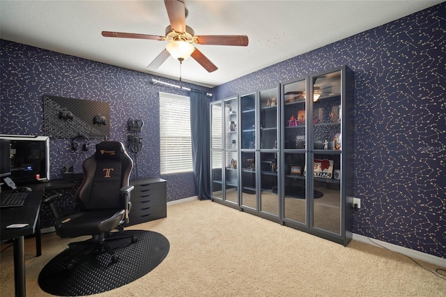 8607 Tidal Breeze Dr, Riverview, FL 33569 - carpeted home office featuring ceiling fan and wallpapered walls