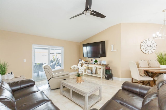 11913 Butler Woods Cir, Riverview, FL 33579 - living room featuring a chandelier, vaulted ceiling, a ceiling fan, and light tile patterned floors