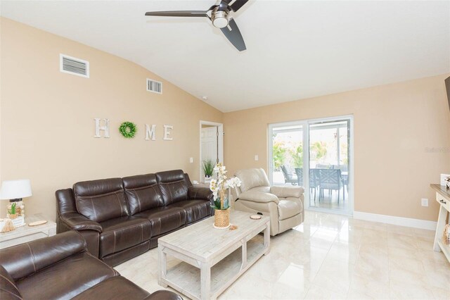 11913 Butler Woods Cir, Riverview, FL 33579 - living area featuring lofted ceiling, a ceiling fan, and light marble finish floors