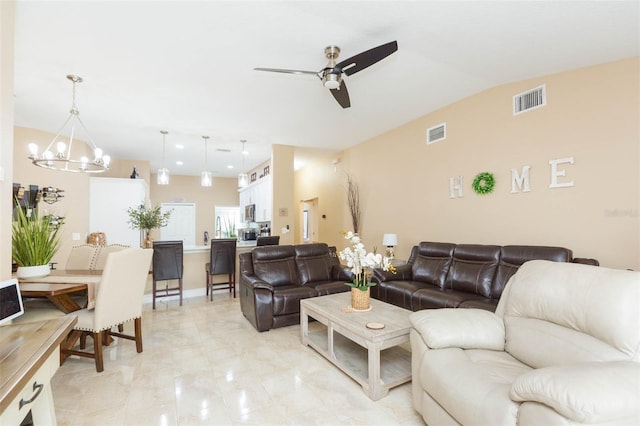 11913 Butler Woods Cir, Riverview, FL 33579 - living area featuring a chandelier, ceiling fan, lofted ceiling, and recessed lighting