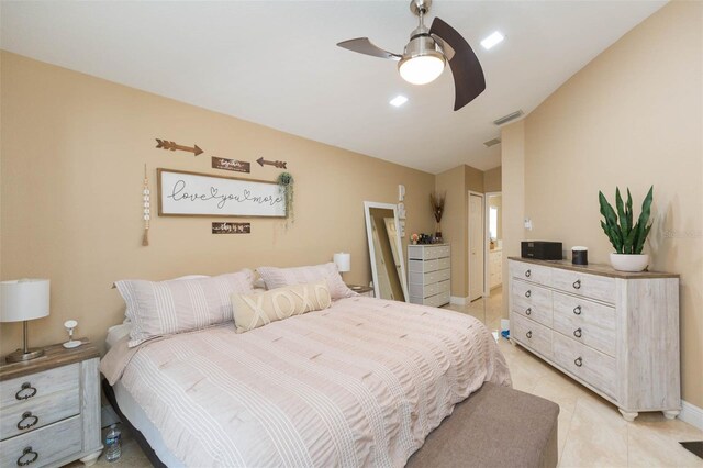 11913 Butler Woods Cir, Riverview, FL 33579 - bedroom with light tile patterned floors, a ceiling fan, a closet, and connected bathroom
