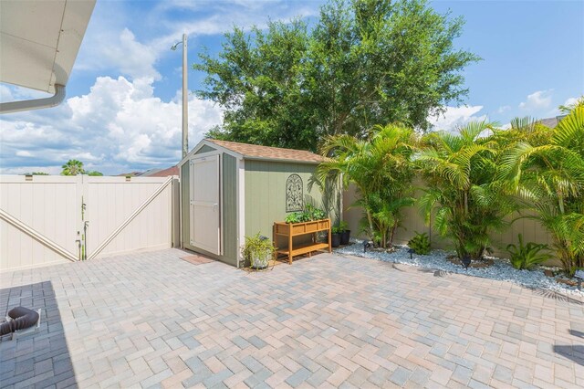 11913 Butler Woods Cir, Riverview, FL 33579 - fenced backyard featuring a gate, a patio, and a shed