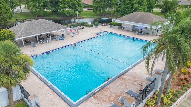 11913 Butler Woods Cir, Riverview, FL 33579 - community pool with a patio, a gazebo, and a water view
