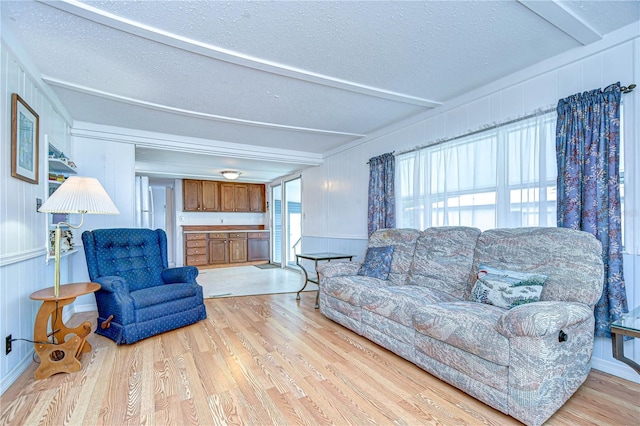 35014 Carl Ave, Zephyrhills, FL 33541 - living room with light wood finished floors, a textured ceiling, and a decorative wall