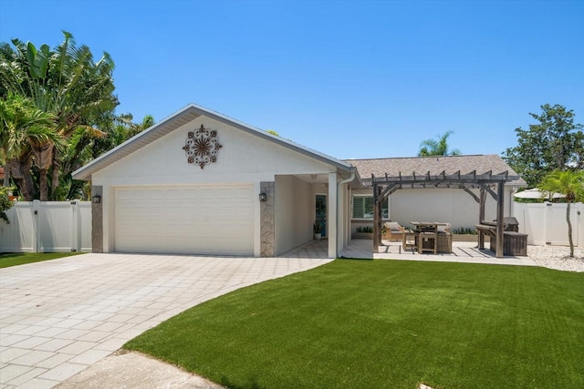11763 Saree Ct, Largo, FL 33778 - ranch-style house with a pergola, stucco siding, an attached garage, and decorative driveway