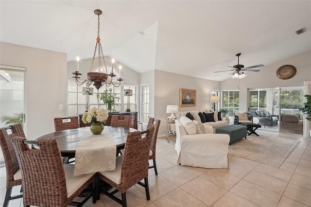 3854 Lyndhurst Ct, Sarasota, FL 34235 - dining room with lofted ceiling, a chandelier, light tile patterned floors, and ceiling fan