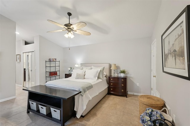 3854 Lyndhurst Ct, Sarasota, FL 34235 - bedroom featuring lofted ceiling, ceiling fan, and light tile patterned floors