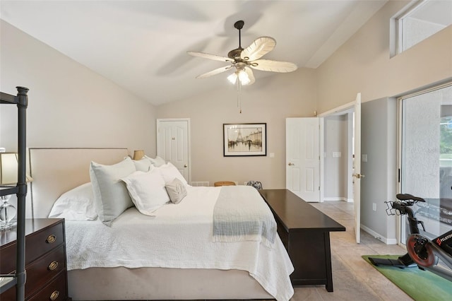 3854 Lyndhurst Ct, Sarasota, FL 34235 - bedroom featuring light tile patterned floors, lofted ceiling, multiple windows, and ceiling fan