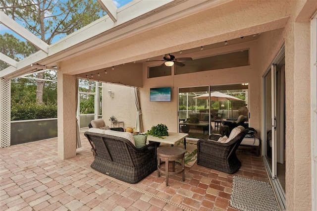 3854 Lyndhurst Ct, Sarasota, FL 34235 - view of patio / terrace with a ceiling fan, a lanai, and outdoor lounge area