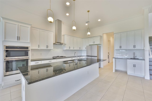 955 Signet Dr, Apollo Beach, FL 33572 - kitchen featuring wall chimney exhaust hood, crown molding, tasteful backsplash, stainless steel appliances, and light tile patterned flooring