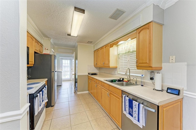 1908 N Brink Ave, Sarasota, FL 34234 - kitchen with white range with electric stovetop, stainless steel dishwasher, a textured ceiling, ornamental molding, and light countertops