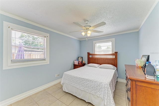 1908 N Brink Ave, Sarasota, FL 34234 - bedroom featuring light tile patterned flooring, a textured ceiling, crown molding, and a ceiling fan