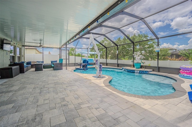 13527 Willow Bluestar Loop, Riverview, FL 33579 - view of swimming pool with an outdoor hangout area, a patio, glass enclosure, and a fenced backyard