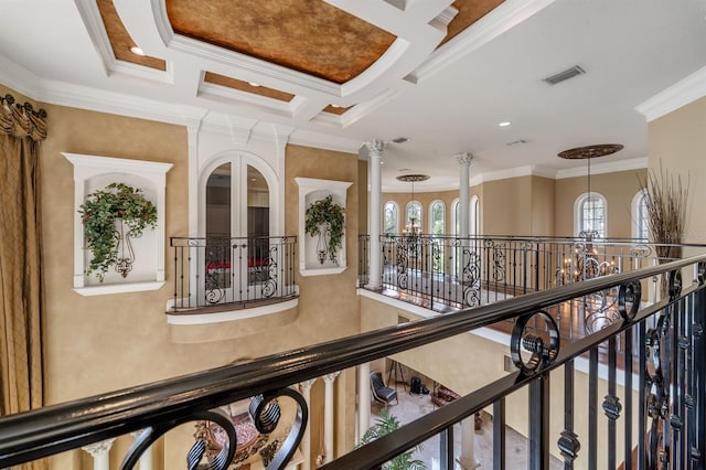 12125 Stonelake Ranch Blvd, Thonotosassa, FL 33592 - hall with crown molding, an upstairs landing, and a chandelier
