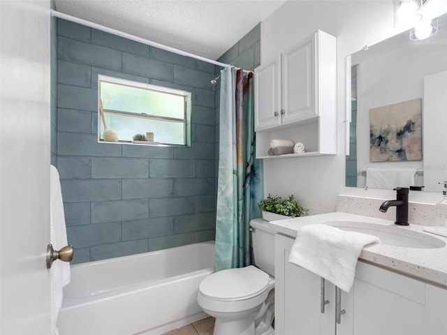 1675 E Grovehill Rd, Palm Harbor, FL 34683 - bathroom with vanity, shower / bathtub combination with curtain, and a textured ceiling