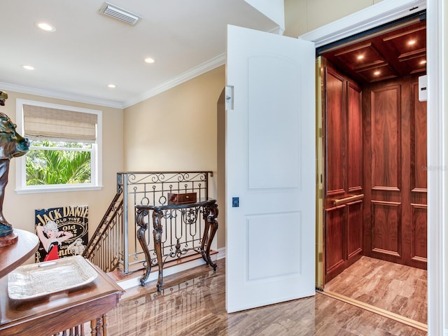 8 Sunset Bay Dr, Belleair, FL 33756 - corridor with ornamental molding, an upstairs landing, recessed lighting, and light wood-style floors