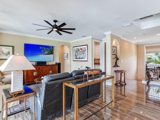 8 Sunset Bay Dr, Belleair, FL 33756 - living room featuring arched walkways, wood finished floors, ceiling fan, crown molding, and recessed lighting
