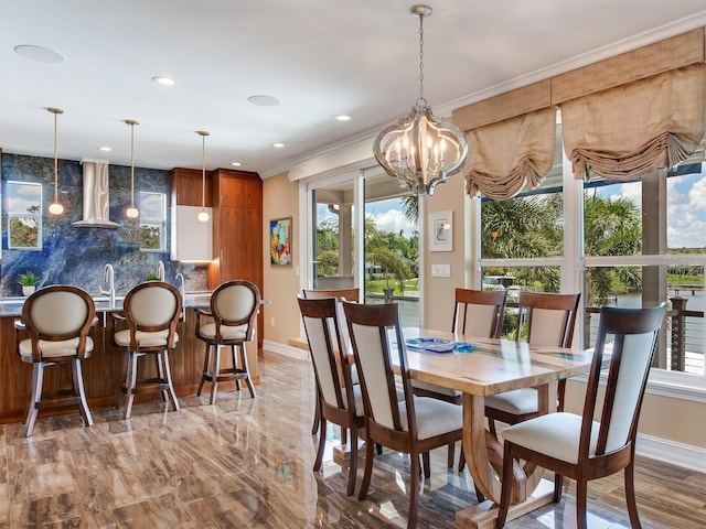 8 Sunset Bay Dr, Belleair, FL 33756 - dining room featuring healthy amount of natural light, crown molding, a chandelier, and recessed lighting