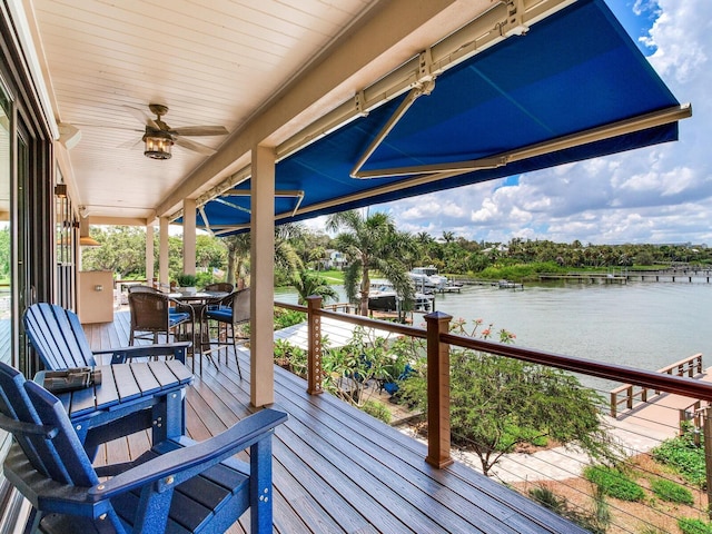 8 Sunset Bay Dr, Belleair, FL 33756 - wooden deck with a water view and a ceiling fan
