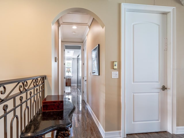 8 Sunset Bay Dr, Belleair, FL 33756 - hallway featuring arched walkways, crown molding, and dark wood-type flooring