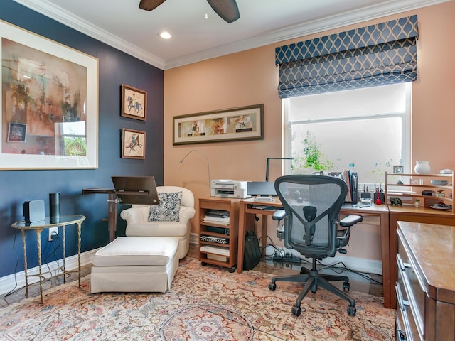 8 Sunset Bay Dr, Belleair, FL 33756 - office space with crown molding, ceiling fan, and recessed lighting