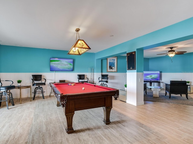 8 Sunset Bay Dr, Belleair, FL 33756 - game room with a wainscoted wall, light wood-style flooring, billiards, and ceiling fan