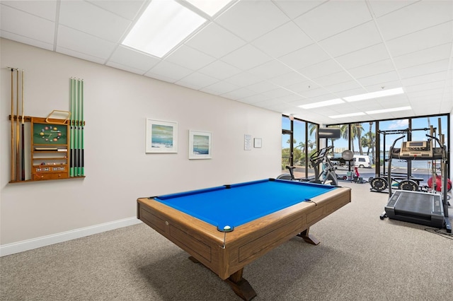 80 Rogers St Unit 3A, Clearwater, FL 33756 - recreation room featuring floor to ceiling windows, carpet, a drop ceiling, and pool table
