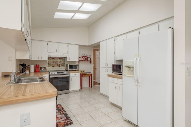 8629 Wolf Den Trl, Port Richey, FL 34668 - kitchen with appliances with stainless steel finishes, under cabinet range hood, a skylight, decorative backsplash, and high vaulted ceiling