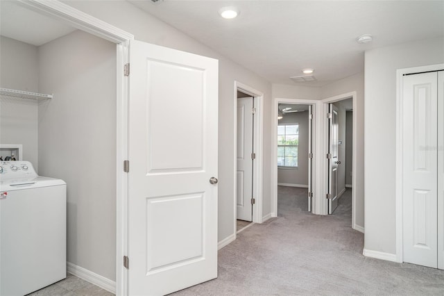 9741 Mulberry Marsh Ln, Sun City Center, FL 33573 - laundry area with washer / dryer, light carpet, and recessed lighting