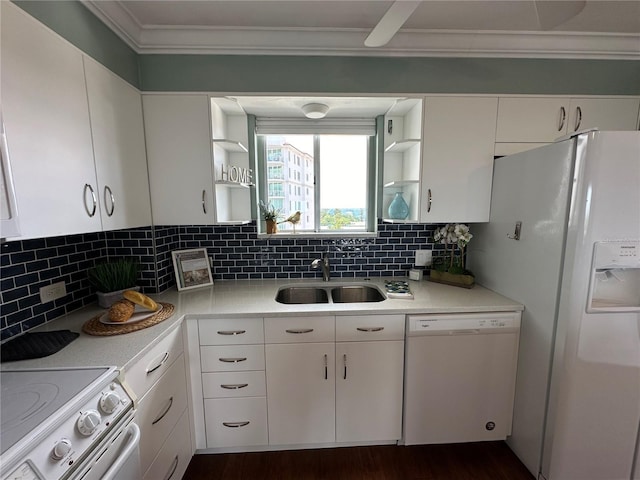 1365 Snell Isle Blvd NE Unit 6E, Saint Petersburg, FL 33704 - kitchen featuring white appliances, open shelves, white cabinetry, light countertops, and crown molding