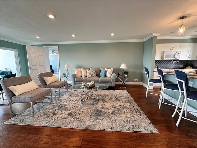1365 Snell Isle Blvd NE Unit 6E, Saint Petersburg, FL 33704 - living area with ornamental molding, dark wood-style flooring, recessed lighting, and ceiling fan