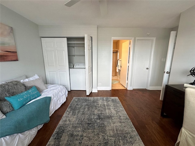 1365 Snell Isle Blvd NE Unit 6E, Saint Petersburg, FL 33704 - bedroom with dark wood-type flooring, washing machine and clothes dryer, a closet, and ceiling fan