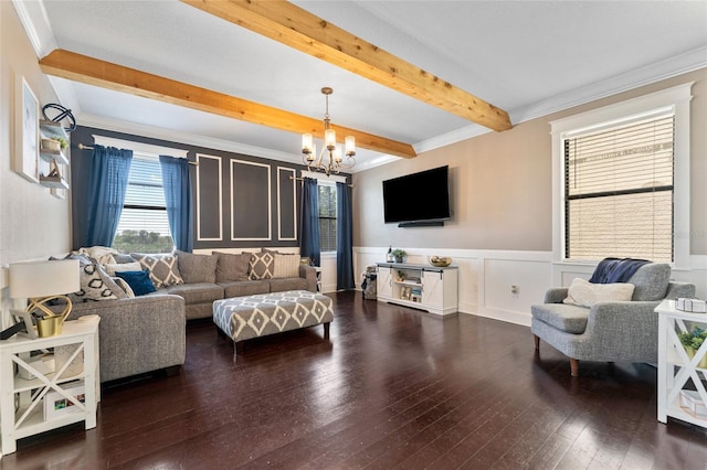 1604 Acadia Harbor Pl, Brandon, FL 33511 - living area with a chandelier, beam ceiling, a decorative wall, hardwood / wood-style flooring, and a wainscoted wall