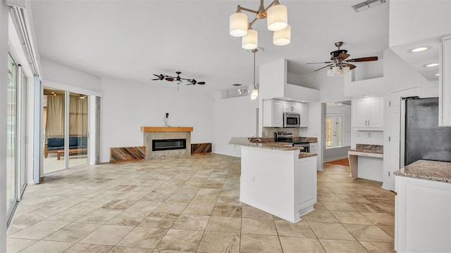 2202 Hickory Ridge Dr, Valrico, FL 33596 - kitchen featuring appliances with stainless steel finishes, ceiling fan, a peninsula, white cabinetry, and light stone countertops