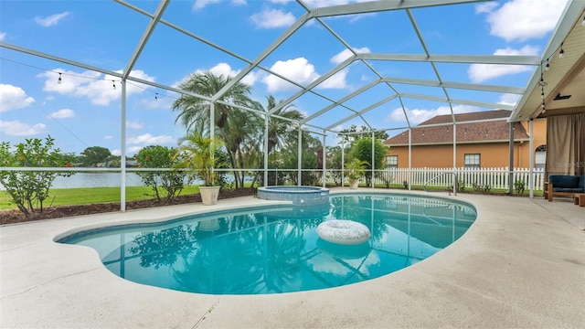 2202 Hickory Ridge Dr, Valrico, FL 33596 - view of swimming pool with a water view, a patio area, a pool with connected hot tub, and glass enclosure