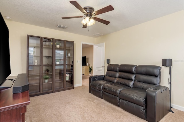 19309 Prairie Tree Pl, Tampa, FL 33647 - living area with carpet flooring, a ceiling fan, and a textured ceiling