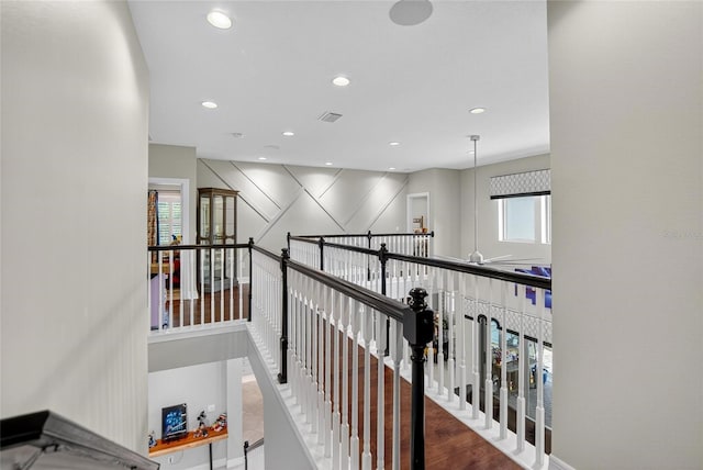 10313 Scarlet Chase Dr, Riverview, FL 33569 - hallway featuring plenty of natural light, recessed lighting, wood finished floors, and an upstairs landing