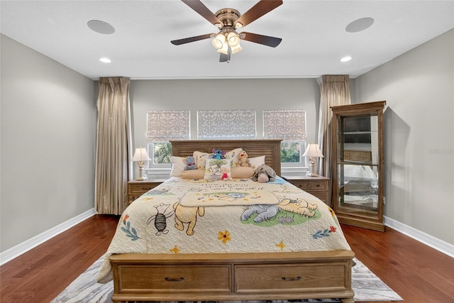 10313 Scarlet Chase Dr, Riverview, FL 33569 - bedroom featuring dark wood-style floors, multiple windows, recessed lighting, and ceiling fan