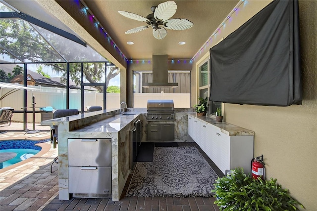10313 Scarlet Chase Dr, Riverview, FL 33569 - view of patio featuring exterior kitchen, a lanai, and ceiling fan