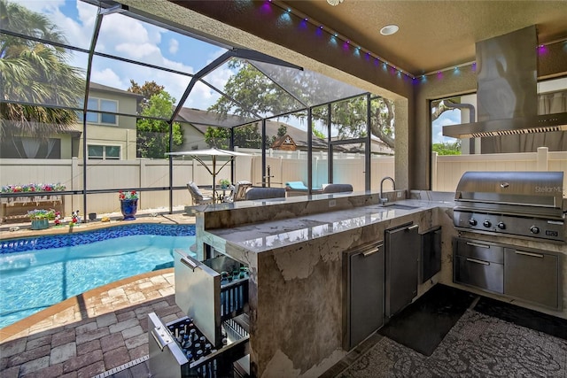 10313 Scarlet Chase Dr, Riverview, FL 33569 - fenced backyard with exterior kitchen, glass enclosure, and a patio