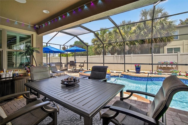 10313 Scarlet Chase Dr, Riverview, FL 33569 - fenced backyard featuring a patio, outdoor dining space, and a lanai