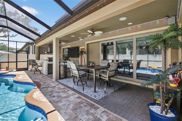 10313 Scarlet Chase Dr, Riverview, FL 33569 - sunroom featuring a swimming pool, a ceiling fan, and outdoor dining area