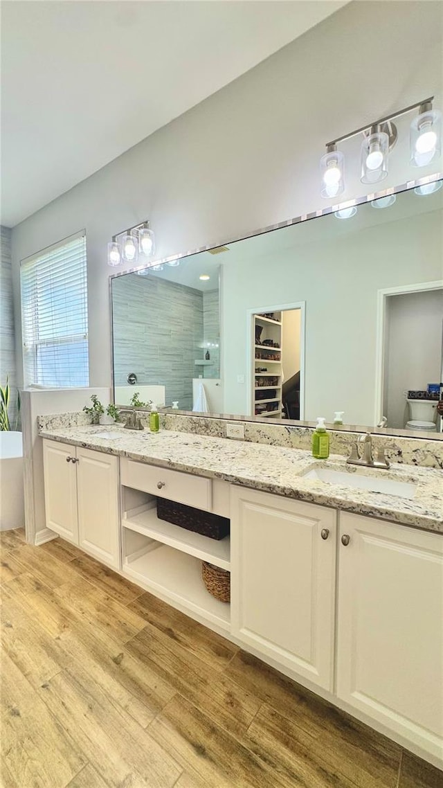 27312 Edenfield Dr, Wesley Chapel, FL 33544 - full bathroom with wood finished floors, vanity, tiled shower, a walk in closet, and a bathtub