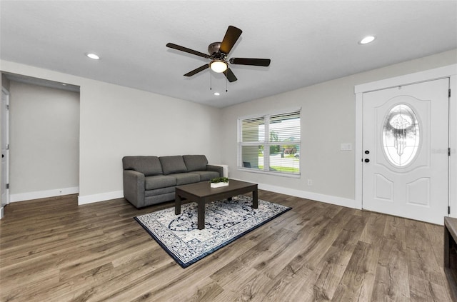 1800 Mapleleaf Blvd, Oldsmar, FL 34677 - living room featuring wood finished floors, ceiling fan, and recessed lighting