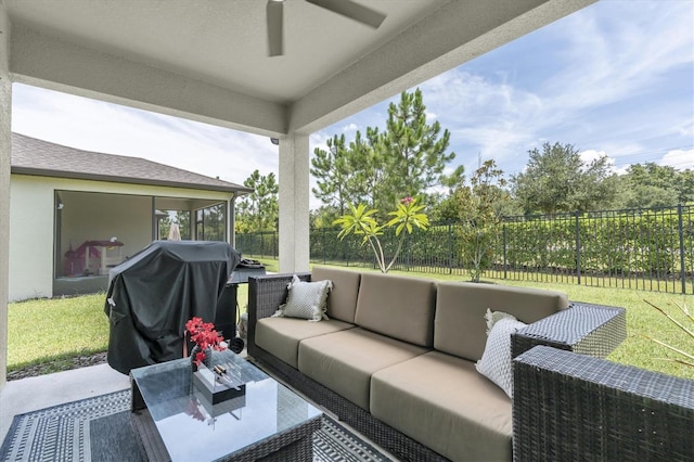 6352 Mooring Line Cir, Apollo Beach, FL 33572 - fenced backyard featuring an outdoor living space, ceiling fan, and area for grilling