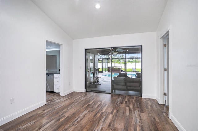 2701 Herndon St, Valrico, FL 33596 - empty room featuring vaulted ceiling, dark wood-style flooring, and ceiling fan