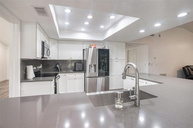 2701 Herndon St, Valrico, FL 33596 - kitchen featuring appliances with stainless steel finishes, recessed lighting, white cabinets, decorative backsplash, and a tray ceiling